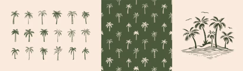 Poster Hand drawn palm tree doodle seamless pattern set. Colorful hawaiian print, summer vacation background collection in vintage art style. Tropical plant painting illustration bundle. © Dedraw Studio