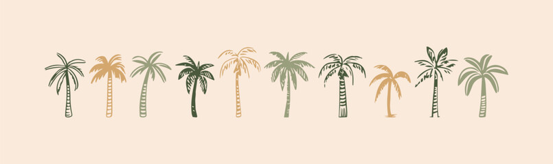 Fototapeta na wymiar Hand drawn palm tree doodle element set. Colorful hawaiian clipart, isolated summer vacation collection in vintage art style. Tropical plant painting illustration bundle.