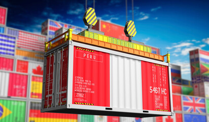 Freight shipping container with national flag of Peru - 3D illustration