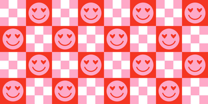 Funny happy face in love colorful cartoon seamless pattern. Retro pink smile icon background texture for valentine's day or romantic concept. Trendy checkered doodle wallpaper.
