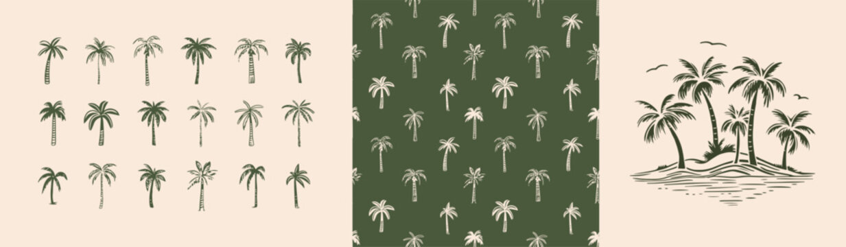 Fototapeta Hand drawn palm tree doodle seamless pattern set. Colorful hawaiian print, summer vacation background collection in vintage art style. Tropical plant painting illustration bundle.