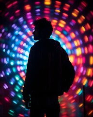 silhouette of a man in front of colorful lights