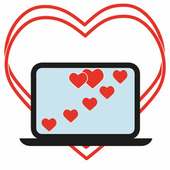 Valentine's day greeting card, heart symbol of love, heart icons on the laptop screen
