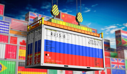 Freight shipping container with national flag of Russia - 3D illustration