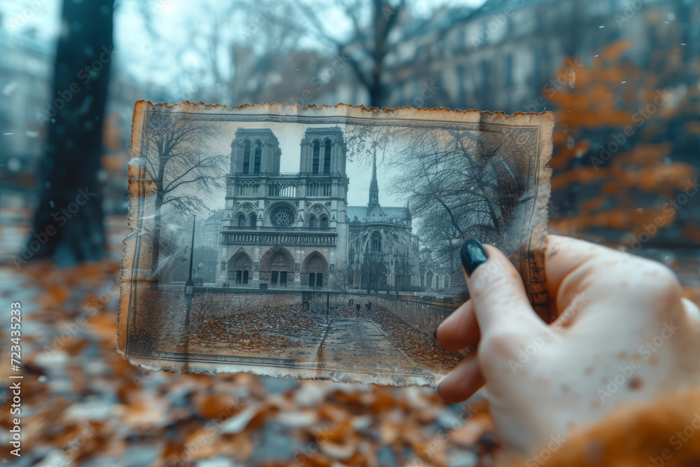 Poster a photo in which ar adds layers of historical eras over a current scene, showing a time lapse in one