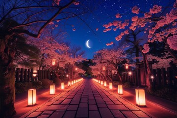 Cherry blossom trees in full bloom with pink flowers are overarching the pathway creating an enchanting atmosphere