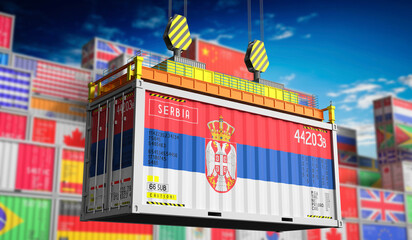 Fototapeta premium Freight shipping container with national flag of Serbia - 3D illustration