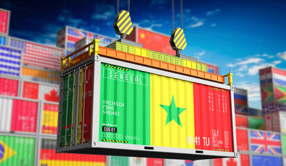 Freight shipping container with national flag of Senegal - 3D illustration - obrazy, fototapety, plakaty