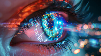 a close-up image of a human eye with a technology reflected in the iris, screens, or digits hologram, creating a sense of merging between the human and the digital