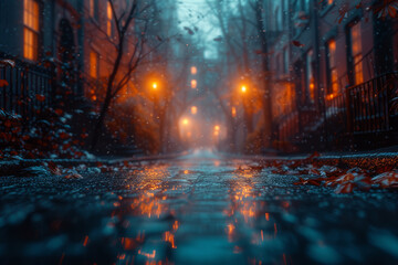 A film photo of an old street at dawn, with the soft light creating a moody, atmospheric scene. Concept of film photography capturing the mood of urban landscapes. Generative Ai.