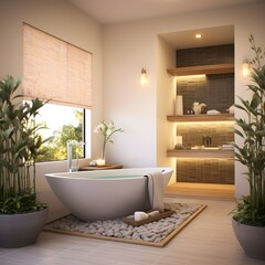 A bathroom transformed into a tranquil Zen garden. Picture bamboo accents, pebble flooring, and a neutral color palette.
