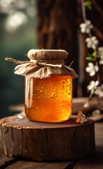 Handmade honey jar with natural background