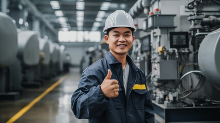 Fototapeta na wymiar Smiling safety worker, hard hat, industrial facility