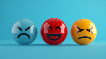 Emoji balls with different emotions: sad, angry and happy.