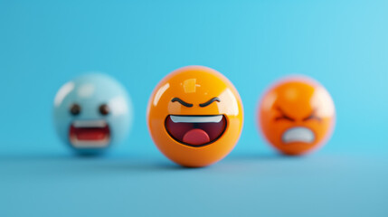 Emoji balls with different emotions: sad, angry and happy.