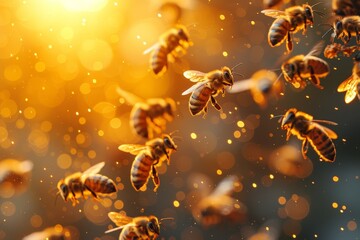 Fototapeta premium A mesmerizing swarm of vibrant yellow invertebrates gracefully soar through the natural landscape, showcasing the delicate beauty of these buzzing bees