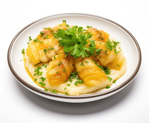 Fototapeta na wymiar Explore the flavors of traditional Basque cuisine with this authentic and delicious Basque Bacalao Al Pil Pil dish. Prepared with fresh seafood, garlic, and olive oil, this gourmet seafood recipe is b