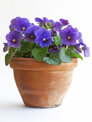 A closeup shot of a purple violet flower in a clay pot on a white isolated background. The plant is in full blossom and has green leaves. The image is simple and elegant