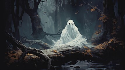 Create a digital art piece featuring a white ghost in the woods Ai generated art - Powered by Adobe
