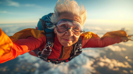 Elderly Woman Skydiving in the Clear Blue Sky