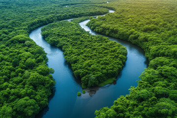 Fototapeta na wymiar An aerial shot of a meandering river cutting through a dense forest, resembling a natural serpent. Concept of natural watercourses and their serene flow. Generative Ai.
