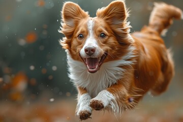 A majestic brown dog, belonging to the canine breed, leaps joyfully through the air in the great outdoors, showcasing its innate grace and boundless energy as a beloved pet - obrazy, fototapety, plakaty