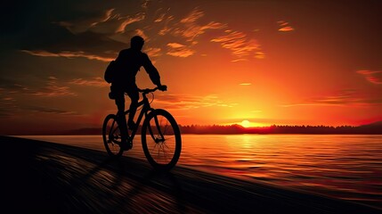 Obraz premium the cyclist with the sun low on the horizon to make the scene even more dramatic and rich.