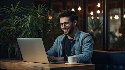 young man smiling, looking away and working at a laptop
