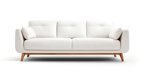 Wooden-legged white fabric sofa isolated on white background with a clipping path, part of a furniture series.