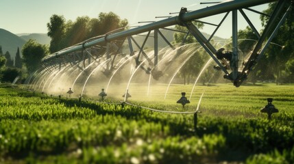 large irrigation sprinklers spraying water over a vast green field. - obrazy, fototapety, plakaty