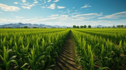 corn field in summer, beautiful sky and bright greenery - obrazy, fototapety, plakaty