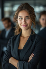 Naklejka premium Captivating professional business woman portrait, encapsulating leadership and team success, ideal for corporate branding and teamwork concept.