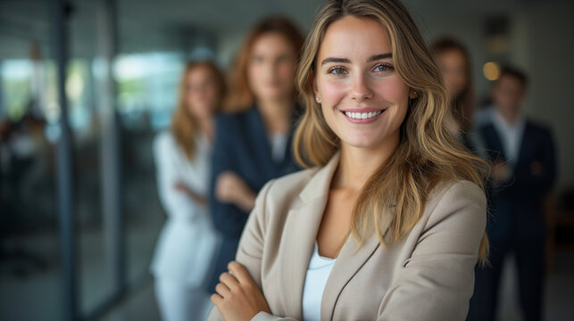 Powerful business woman portrait, symbolizing professionalism and corporate success, with a dynamic business team concept subtly present.