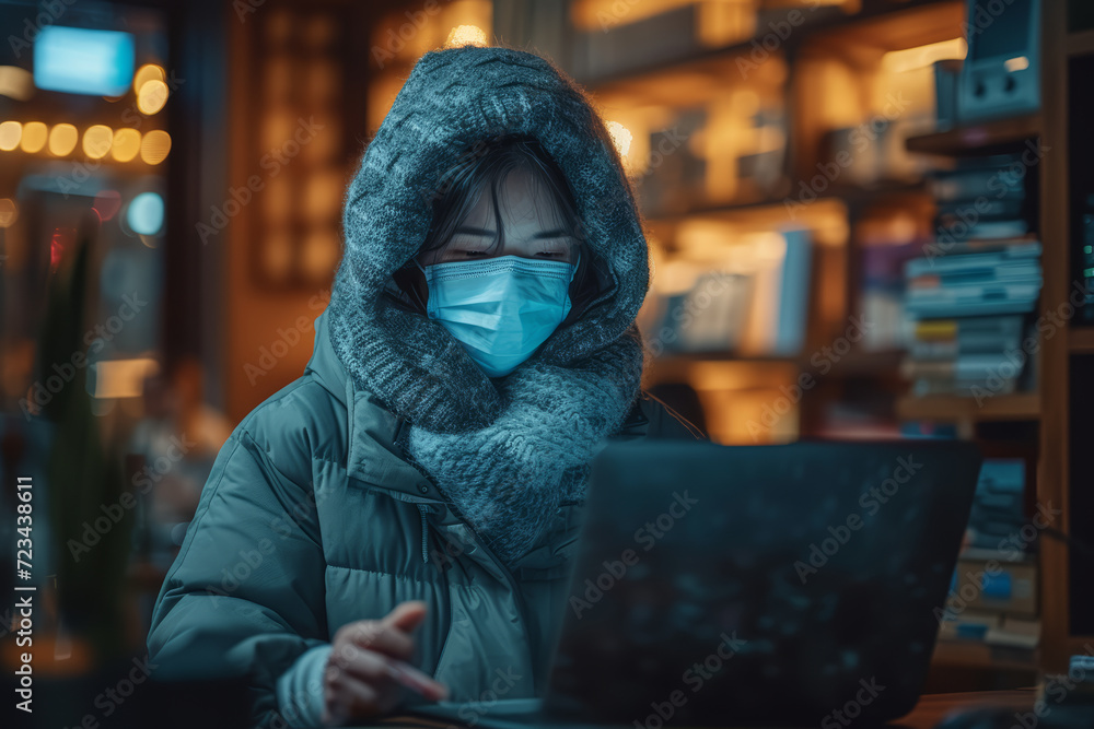 Poster an image of a masked individual working from home, blending personal and professional spaces. concep