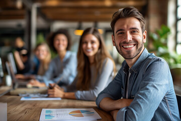 Business teamwork thrives in this dynamic office setting, with engaged colleagues collaborating on innovative projects, exemplifying the essence of a united business team concep