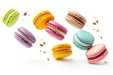 Obraz premium Macarons in mid-air, a dynamic array of colors with crumbs flying, white background.