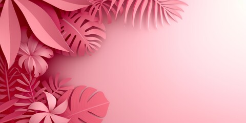 Fototapeta na wymiar Summer pink background with tropical leaves cut out of paper, exotic floral design for banner, flyer, invitation, poster.