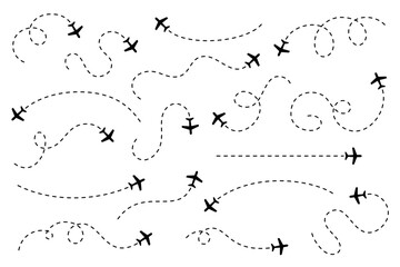 Dashed line airplane route collection  - obrazy, fototapety, plakaty