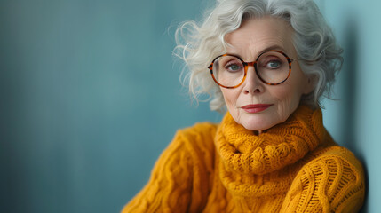 A sophisticated older woman with curly grey hair dons fashionable oversized glasses and a vibrant yellow turtleneck sweater, exuding confidence and poise