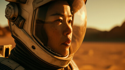 Close-up of an Asian female astronaut in a space suit on a Mars