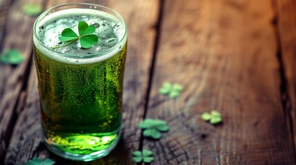 Green beer with clover leaves on wooden background. St. Patrick's Day. copy space
