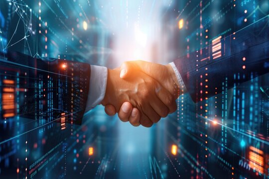 A handshake in a tech-rich environment between business partners and silhouettes of colleagues represents collaboration, data-driven strategies, and innovation