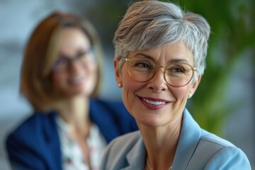 Smiling silver-haired woman in foreground, business ambiance.