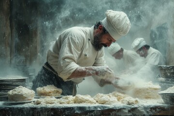 A team of skilled chefs donning their professional attire work together in a bustling kitchen, expertly processing and cooking a wide variety of delectable dishes