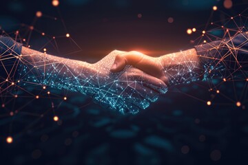 Tech-inspired handshake, symbolizing virtual collaboration and connections.