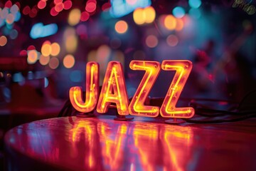The word "JAZZ" in glowing letters against a blurred jazz concert backdrop within a dimly lit jazz club.