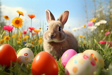 Easter bunny sitting in a wildflower meadow with colorful Easter eggs
