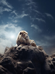 Lion in the moonlight, lying the night, sky and moon background
