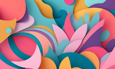 Vibrant Papercut Kaleidoscope Abstract Background, Energetic Shapes, Toon Shading, Flat Colors, Dynamic Poses, Soft Shadows