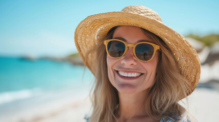 Woman Wearing Straw Hat and Sunglasses at the Beach